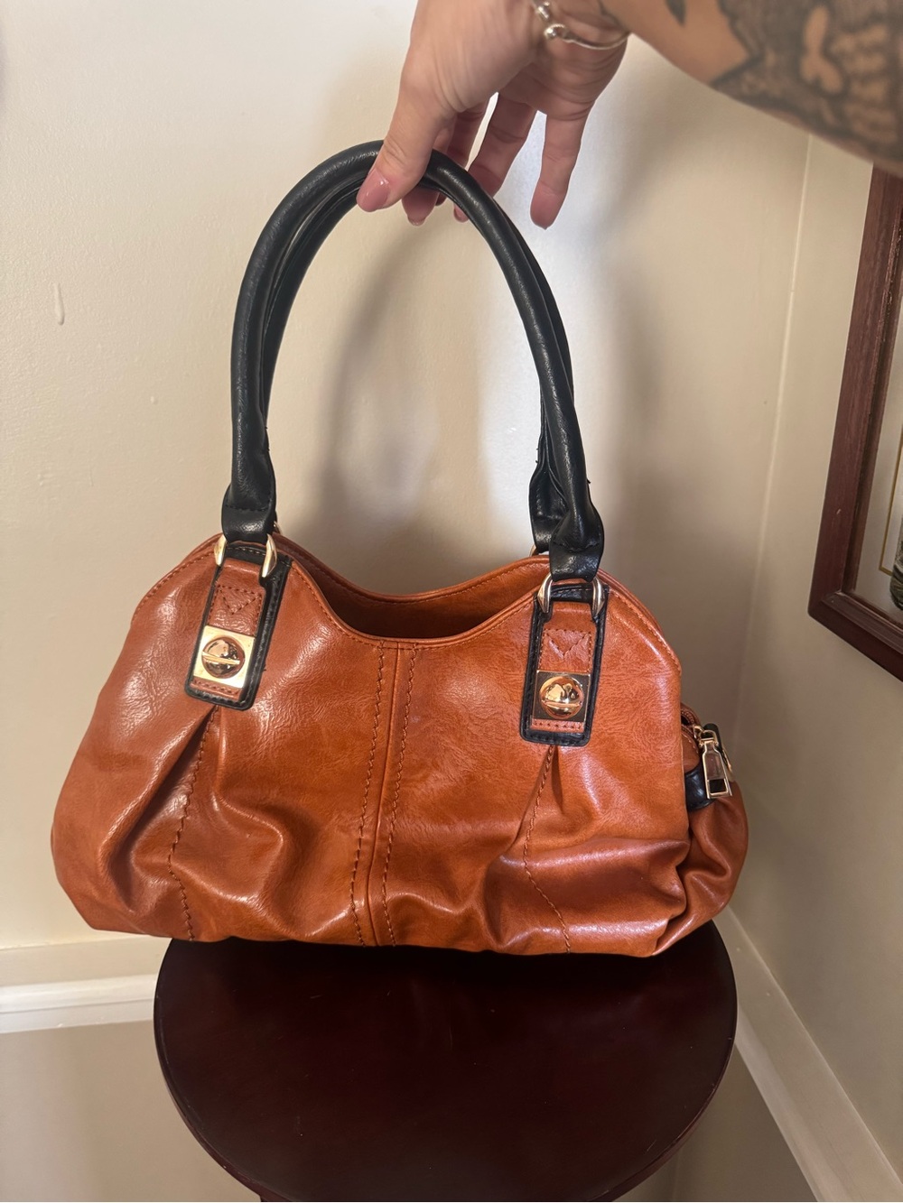Women's Tan Faux Leather Handbag with Black Handles